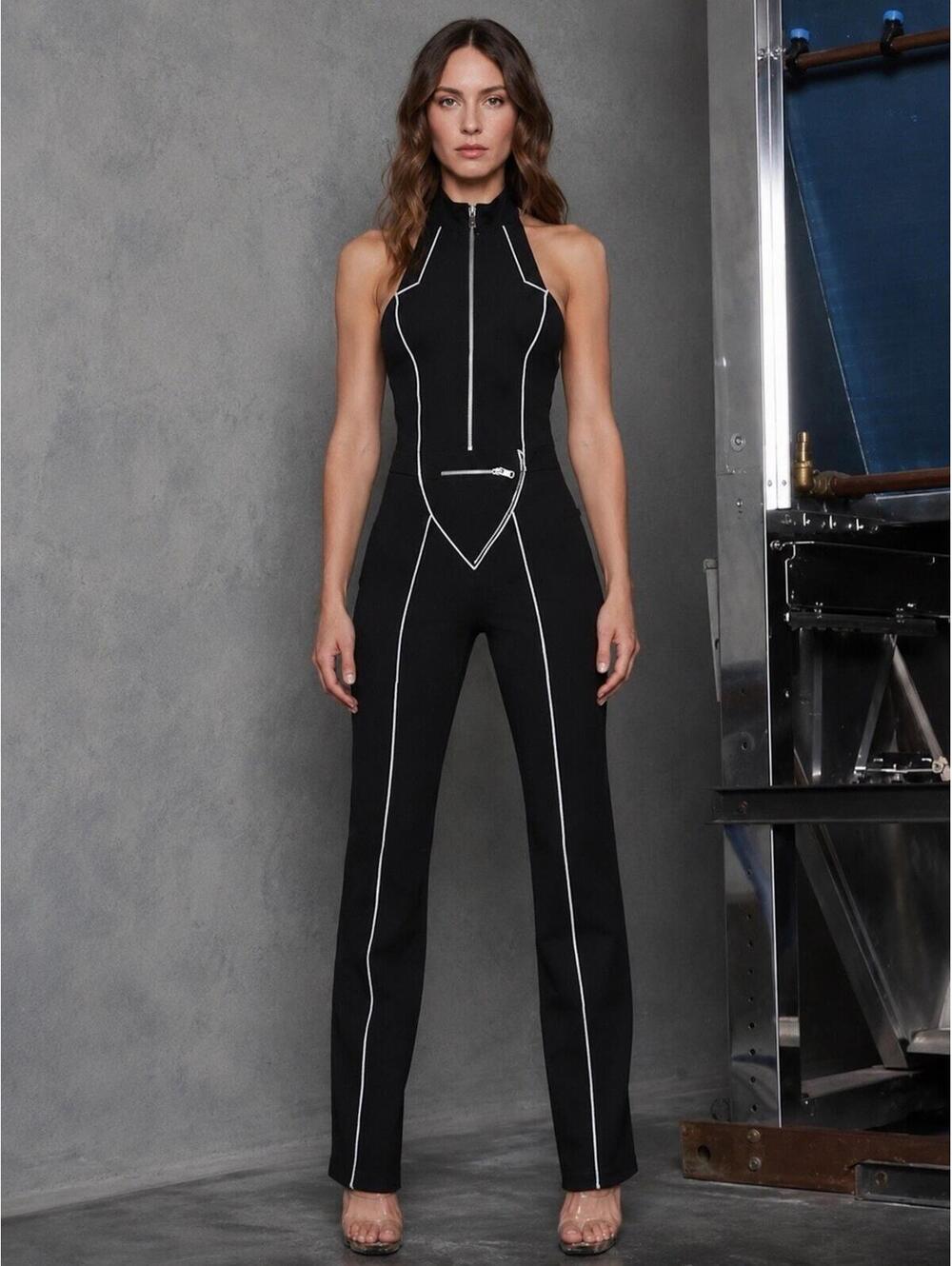 IAMGIA Beltrix‎ Jumpsuit Black Reflective Trim Zip Front Size S NWT